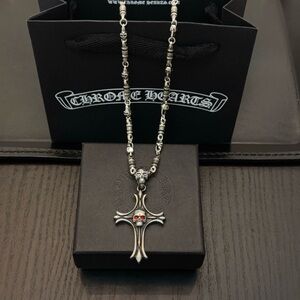 Chrome Hearts Silver Cross Necklace with Red Accents